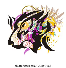 Grunge lion head with head of an eagle inside. Tribal aggressive growling lion head with the eagle head inside against the background of colorful splashes and wings