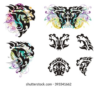 Grunge lion head and lion head symbols. Tribal head of a furious lion in the form of a wing of a butterfly, a butterfly of a lion and lion's symbols isolated on a white background