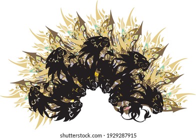 Grunge lion heads arch from feathers and golden arrows. Golden arrows, colored floral motifs, elements of feathers in the shape of an arc for your creative ideas, cards, posters, prints, textiles
