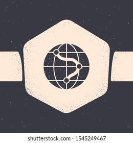 Grunge Location on the globe icon isolated on grey background. World or Earth sign. Monochrome vintage drawing. Vector Illustration