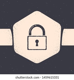 Grunge Lock icon isolated on grey background. Padlock sign. Security, safety, protection, privacy concept. Monochrome vintage drawing. Vector Illustration