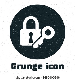 Grunge Lock and key icon isolated on white background. Padlock sign. Security, safety, protection, privacy concept.  Vector Illustration