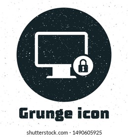 Grunge Lock on computer monitor screen icon isolated on white background. Monitor and padlock. Security, safety, protection concept. Safe internetwork.  Vector Illustration