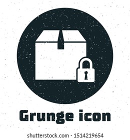 Grunge Locked package icon isolated on white background. Lock and cardboard box.  Vector Illustration