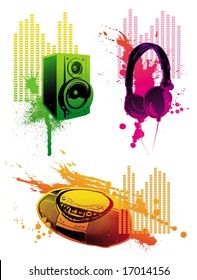 Grunge loudspeaker, headphones & tape recorder