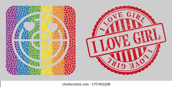 Grunge I Love Girl stamp seal and mosaic love hearts radar hole for LGBT. Dotted rounded rectangle mosaic is around love hearts radar carved shape. LGBT rainbow colors.