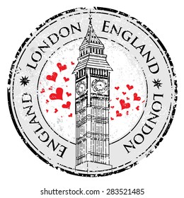 Grunge love heart stamp London Great Britain, Big Ben tower vector