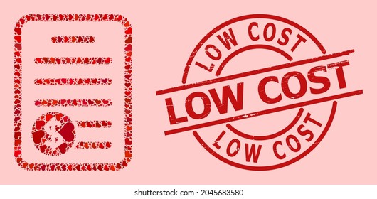 Grunge Low Cost stamp, and red love heart collage for price list. Red round stamp contains Low Cost caption inside circle. Price list collage is formed with red amour icons.