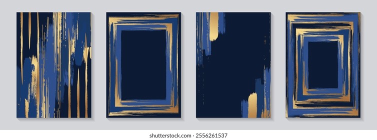 Grunge luxury wedding invitation designs or card templates for business or poster or greeting with golden and blue paint brush strokes on a navy background.