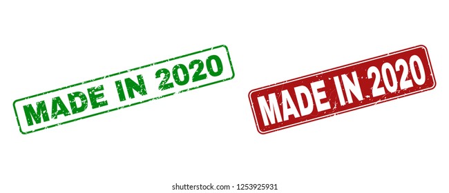 Grunge Made in 2020 stamp seals. Vector Made in 2020 rubber seal imitation in red and green colors. Text is placed inside rounded rectangle frames with grunge surface.