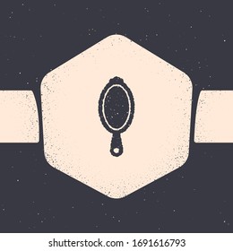 Grunge Magische Hand Spiegel Symbol einzeln auf grauem Hintergrund. Einfarbige Vintage-Zeichnung. Vektorillustration-Illustration