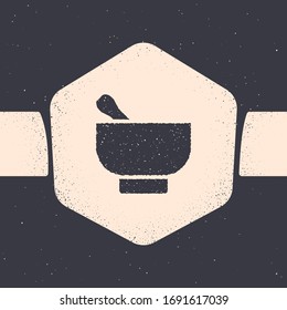 Grunge Magic Mortar And Pestle Icon Isolated On Grey Background. Monochrome Vintage Drawing. Vector Illustration