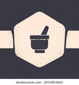 Grunge Magic mortar and pestle icon isolated on grey background. Monochrome vintage drawing. Vector Illustration