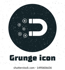 Grunge Magnet with money icon isolated on white background. Concept of attracting investments, money. Big business profit attraction and success.  Vector Illustration
