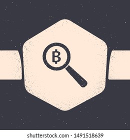 Grunge Magnifying glass with Bitcoin icon isolated on grey background. Physical bit coin. Blockchain based secure crypto currency. Monochrome vintage drawing. Vector Illustration