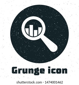 Grunge Magnifying glass and data analysis icon isolated on white background.  Vector Illustration
