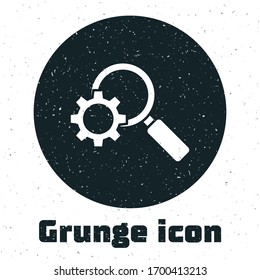 Grunge Magnifying glass and gear icon isolated on white background. Search gear tool. Business analysis symbol. Monochrome vintage drawing. Vector Illustration