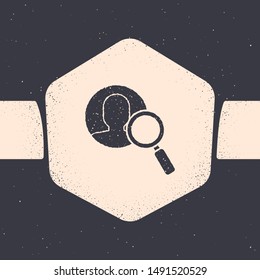 Grunge Magnifying glass for search a people icon isolated on grey background. Recruitment or selection concept. Search for employees and job. Monochrome vintage drawing. Vector Illustration