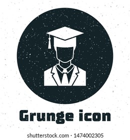 Grunge Male graduate student profile with gown and graduation cap icon isolated on white background.  Vector Illustration