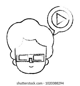 grunge man head with 3d glasses with video inside chat bubble