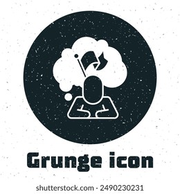 Grunge Man holding flag icon isolated on white background. Victory, winning and conquer adversity concept. Monochrome vintage drawing. Vector