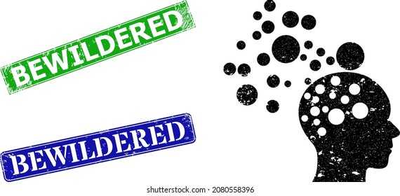 Grunge man idea generation icon and rectangular rubber Bewildered seal stamp. Vector green Bewildered and blue Bewildered watermarks with distress rubber texture,