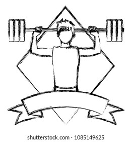 grunge man lifting weights emblem with ribbon