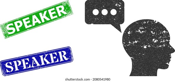 Grunge man opinion icon and rectangle textured Speaker seal stamp. Vector green Speaker and blue Speaker seals with grunge rubber texture, designed for man opinion illustration.