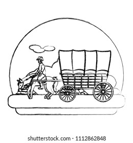 grunge man ride horse with carriage in the desert