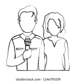 grunge man and woman partner reporters with microphone