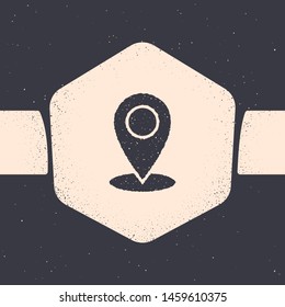 Grunge Map pin icon isolated on grey background. Navigation, pointer, location, map, gps, direction, place, compass, contact, search concept. Monochrome vintage drawing. Vector Illustration