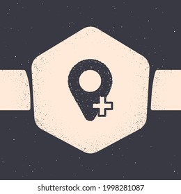 Grunge-Karte-Symbol einzeln auf grauem Hintergrund. Navigation, Zeiger, Position, Karte, GPS, Richtung, Ort, Kompass, Suchbegriff. Einfarbige Vintage-Zeichnung. Vektorgrafik