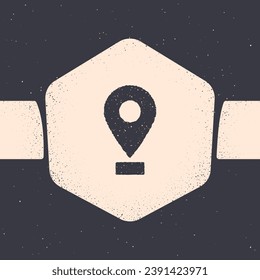 Grunge Map pin icon isolated on grey background. Navigation, pointer, location, map, gps, direction, place, compass, search concept. Monochrome vintage drawing. Vector Illustration