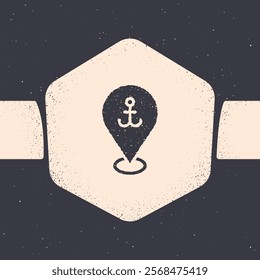 Grunge Map pointer with anchor icon isolated on grey background. Monochrome vintage drawing. Vector