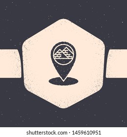 Grunge Map pointer with Egypt pyramids icon isolated on grey background. Monochrome vintage drawing. Vector Illustration