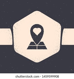 Grunge Map pointer with heart icon isolated on grey background. Valentines day. Love location. Romantic map pin. Monochrome vintage drawing. Vector Illustration