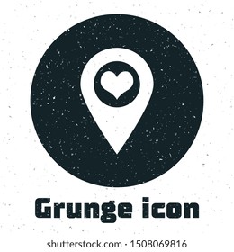 Grunge Map pointer with heart icon isolated on white background.  Vector Illustration