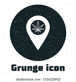 Grunge Map pointer and marijuana or cannabis leaf icon isolated on white background. Hemp symbol.  Vector Illustration