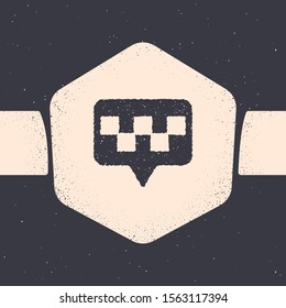 Grunge Map pointer with taxi icon isolated on grey background. Location symbol. Monochrome vintage drawing. Vector Illustration