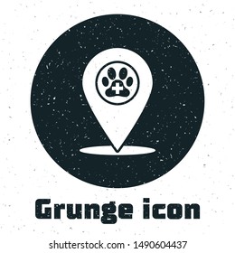 Grunge Map pointer with veterinary medicine hospital, clinic or pet shop for animals icon isolated on white background. Vet or veterinarian clinic.  Vector Illustration