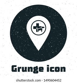 Grunge Map pointer with veterinary medicine hospital, clinic or pet shop for animals icon isolated on white background. Vet or veterinarian clinic.  Vector Illustration