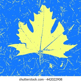 Grunge Maple Leaf - blue and yellow color. Autumn print vector illustration. 
