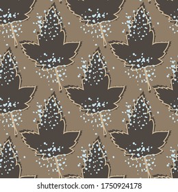 Hojas de arce gruesas sin soldadura en fondo marrón. Papel tapiz de la hoja de otoño. Fondo decorativo para el diseño de tejidos, impresión textil, papel envolvente, cubierta. Ilustración vectorial vintage