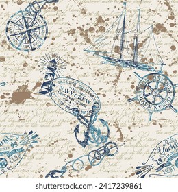 Grunge marine and nautical elements with ink lettering background vintage vector seamless pattern for fabric wear shirt  tablecloth wrapping pillow