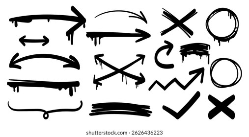 Grunge Marker Arrows and Symbols Vector Set.Black Sketchy Arrows and Scribble Elements Collection.Black and white hand drawn arrows, crosses, circles, and check marks in a dripping marker style