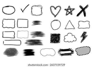 Grunge marker sketch shapes. Hand-drawn icons and abstract black ink elements for creative design.