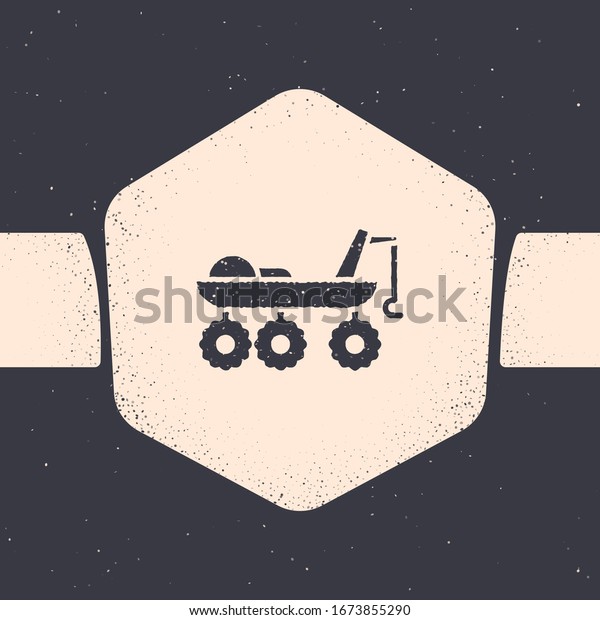 Grunge Mars rover\
icon isolated on grey background. Space rover. Moonwalker sign.\
Apparatus for studying planets surface. Monochrome vintage drawing.\
Vector Illustration