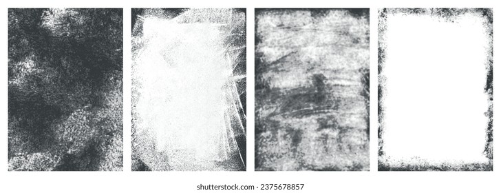 Grunge material monochrome set textures with dirty old surfaces with scratches and damage for magazine cover design vector illustration