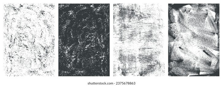 Grunge material monochrome set textures with abstract advertising backgrounds to create posters in dark style vector illustration