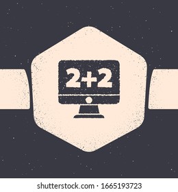Grunge Math system of equation solution on computer monitor icon isolated on grey background. Monochrome vintage drawing. Vector Illustration